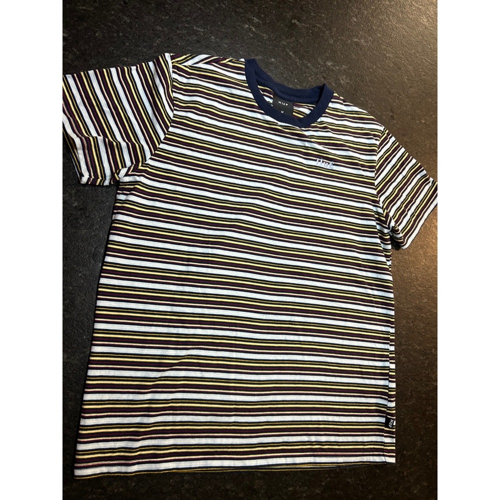 HUF Mens Striped Crew Neck Short Sleeve T-Shirt Navy Blue Yellow Red Size M